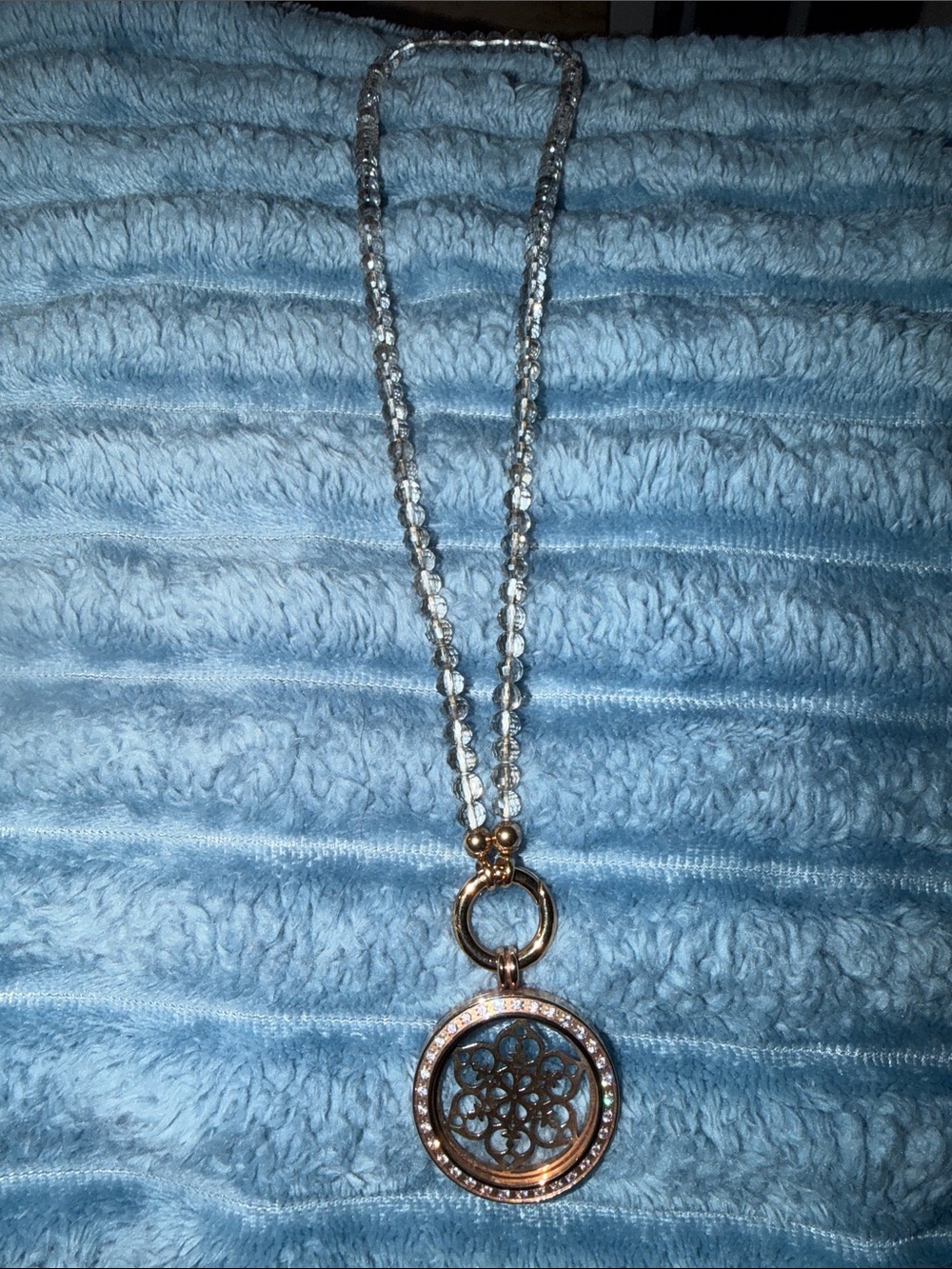 Women’s Rose Gold Filigree Pendant Necklace with Clear Beaded Chain